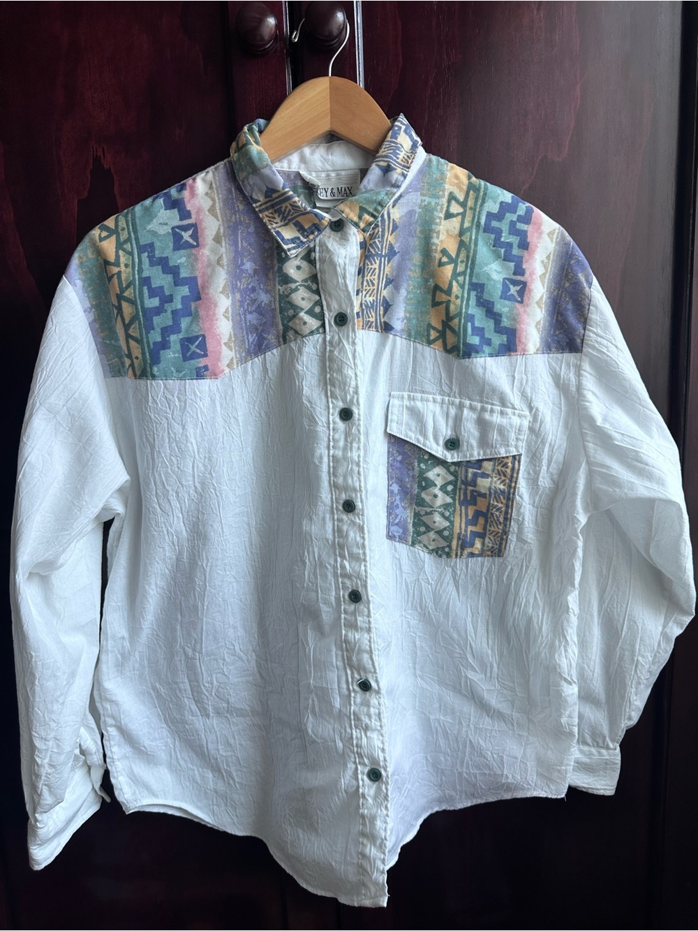 90s Vintage White Button-Down Shirt with Pastel Aztec Yoke Southwestern